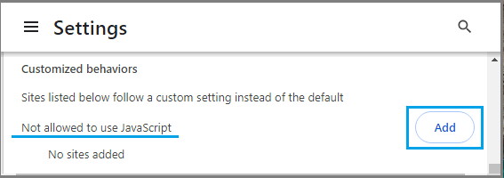 Add Sites Not Allowed to use JavaScript Option in Google Chrome