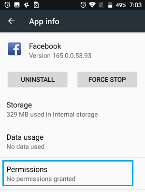 Permissions Tab on Facebook App Info Screen