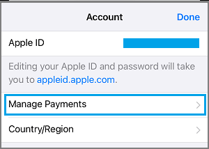Manage Payment Methods Option on iPhone