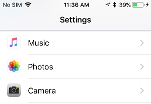 Music Option on iPhone Settings Screen