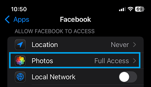 Photos Settings Option for Facebook on iPhone