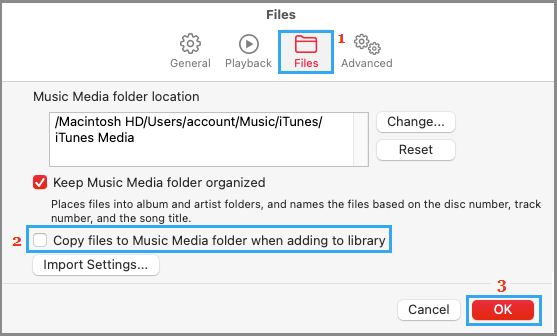 Disable Copy Files to Music Media Folder When Adding to Library Option on Mac