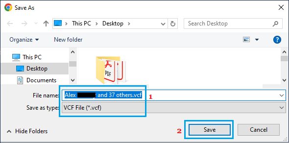Save Contacts VCF File to Computer