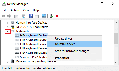 Desinstalar dispositivo de teclado USB en Windows 10