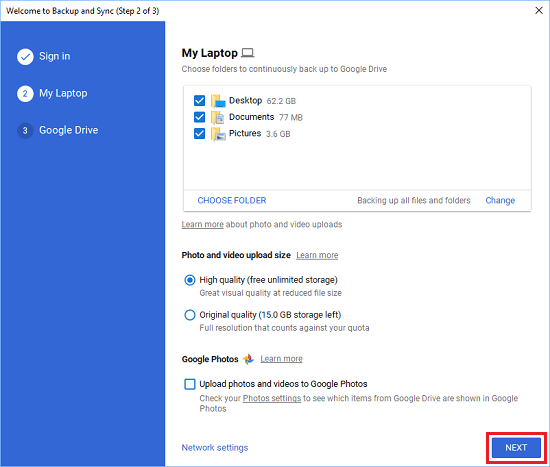 Desktop, Documents and Pictures Selected For Backup to Google Drive