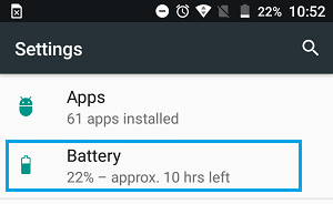 Battery Option on Android Settings Screen