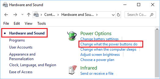 Change What Power Buttons Do Option in Windows 10