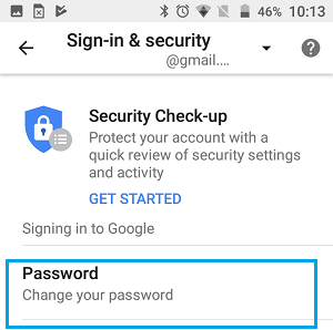 Change your Password option in Gmail Android Phone