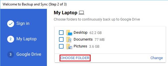 Choose Folder Option in Backup and Sync Tool