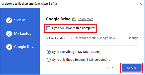 Sync My Drive to this computer option in Backup and Sync