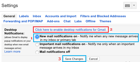 Enable New Mail Notifications option in Gmail