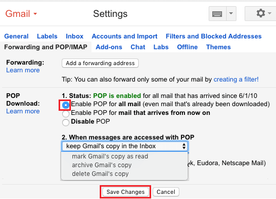 Enable POP For All Mail Option in Gmail