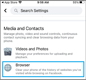Browser Settings Option in Facebook on iPhone