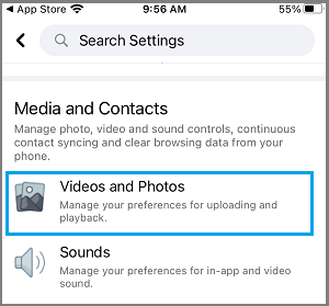 Facebook Videos & Photos Settings Option on iPhone
