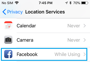 Facebook App on iPhone Location Services screen
