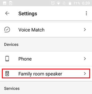 Google Home Device in More Settings Screen in Google Home App