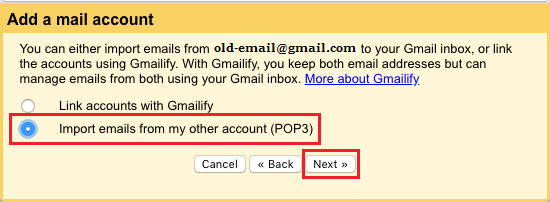 Import Emails from my other account (POP3) option in Gmail