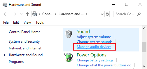 Manage Audio Option in Windows Control Panel