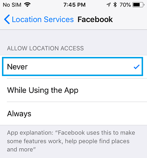 Never Allow Facebook to access Location Services on iPhone