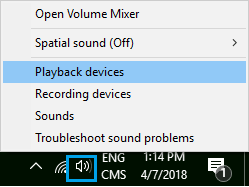Playback Devices Option in Windows 10