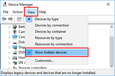 Show Hidden Devices option in Windows Device Manager Screen