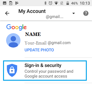 Sign-in & Security option in Gmail Android Phone
