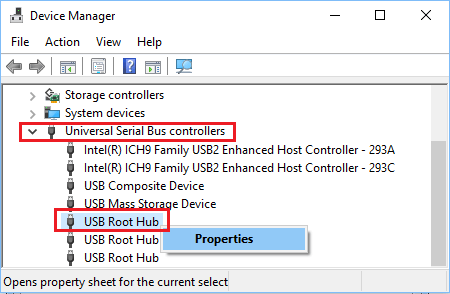 Open USB Root HUB Properties Using Device Manager