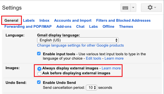 Always display external images option in Gmail Settings