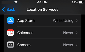 Apps on Location Services Settings Screen on iPhone