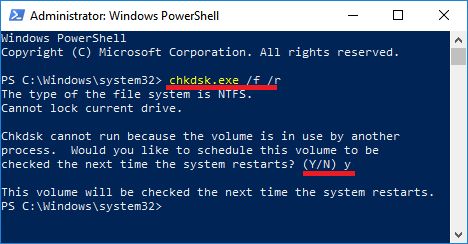 Run chkdsk command in Windows PowerShell 