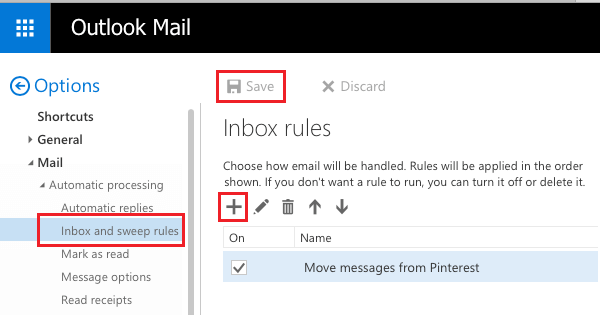 Inbox and Sweep Rules Option in Outlook Mail