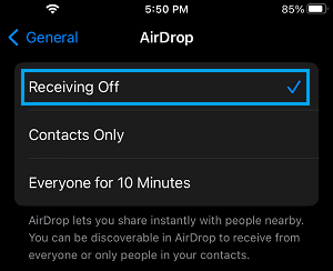 Disable AirDrop on iPhone