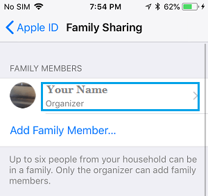 Family Member Names on iPhone Family Sharing Screen