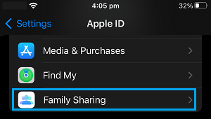 Family Sharing Settings Option on iPhone