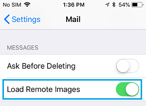 Load Remote Images option in Mail Option on iPhone