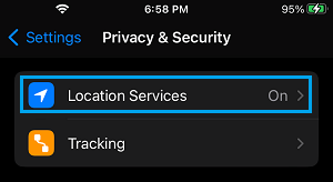 Location Services Setting Option on iPhone