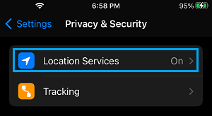 Location Services Settings Option on iPhone