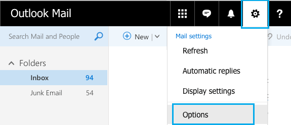 Outlook Mail Settings Icon and Options Tab