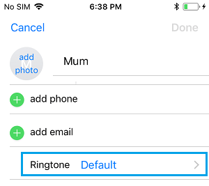 Default Ringtone Option On iPhone Contacts Screen