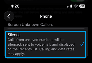 Select Silence Unknown Callers Option on iPhone