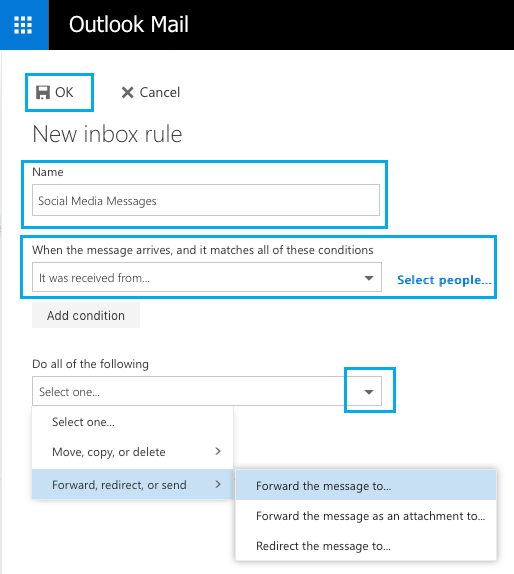 Inbox Rule Settings Screen in Outlook Mail