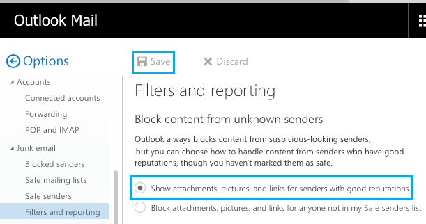 Show Attachments and Pictures Option in Outlook Mail