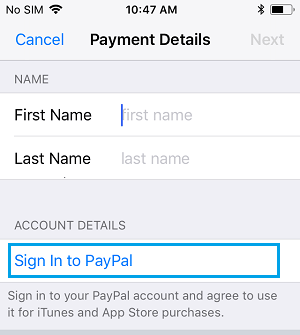 Sign in to PayPal Option on iPhone