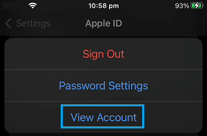 View Account Option on Apple ID Screen