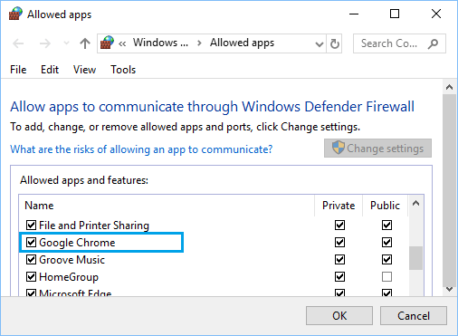 Allow Google Chrome in Windows Defender Firewall