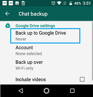 Backup to Google Drive Option on WhatsApp Settings Screen