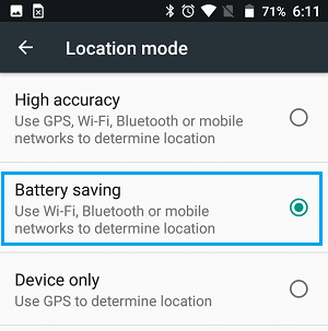 Battery Saving Location Mode on Android Phone