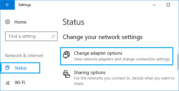 Change Network Adapter Settings option in Windows 10