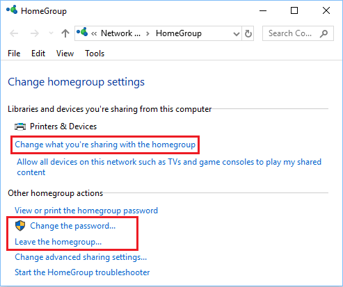 Change HomeGroup Settings Screen