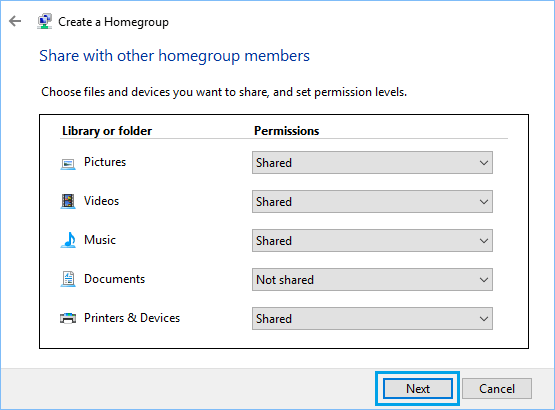 Choose Files & Devices to Share With HomeGroup